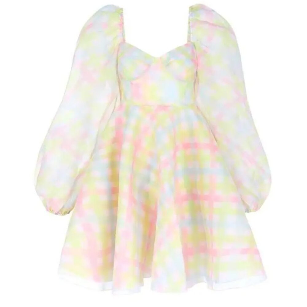Selkie Pastel Plaid Puff-Sleeve Mini Dress